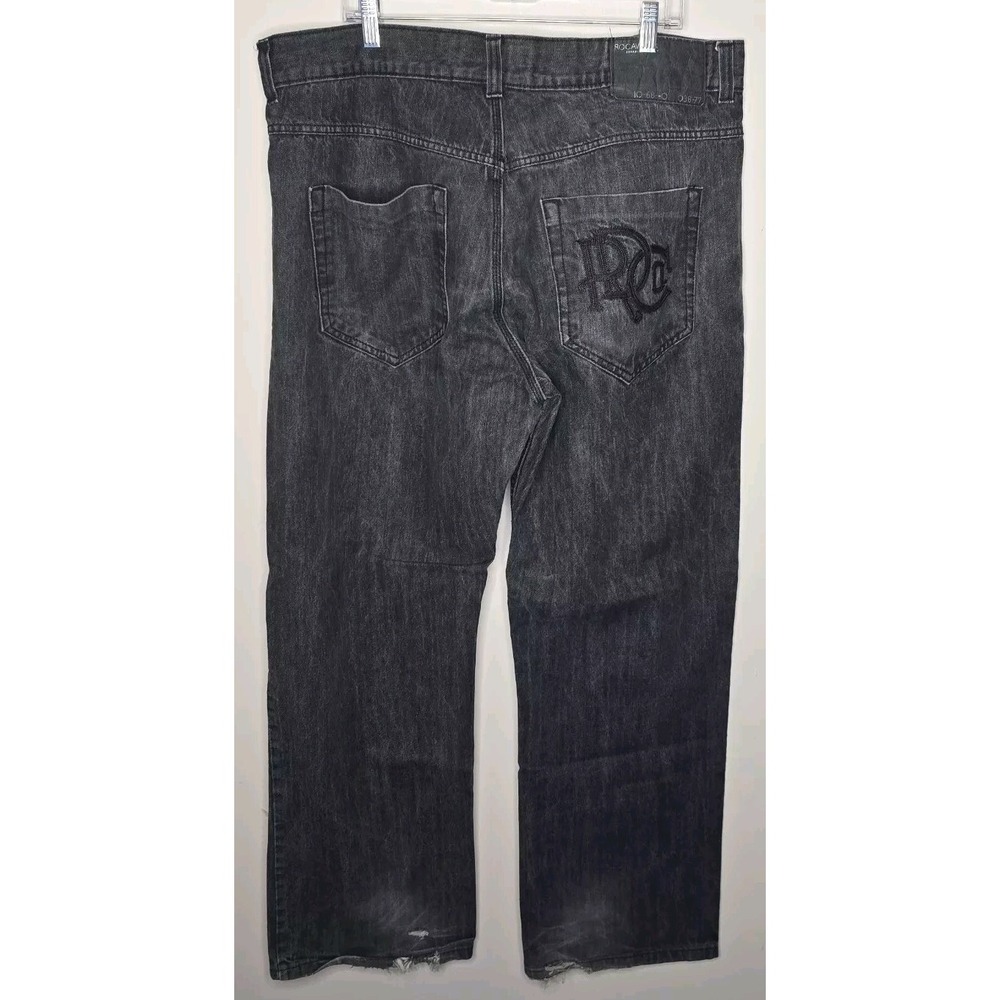 Rocawear Mens Jeans 40 Black Relaxed Baggy Y2K Thick Stitch‎ Pocket Streetwear